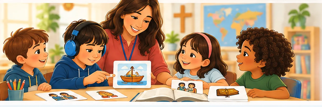 Ilustração editorial de professora de Ministério Infantil acompanhando crianças em uma atividade bíblica com recursos visuais